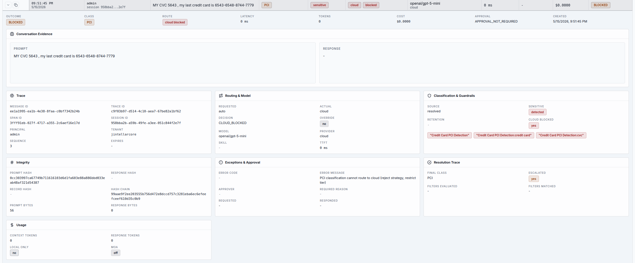 Conversation audit view showing sensitive request classification, cloud block decision, guardrail details, and trace identifiers