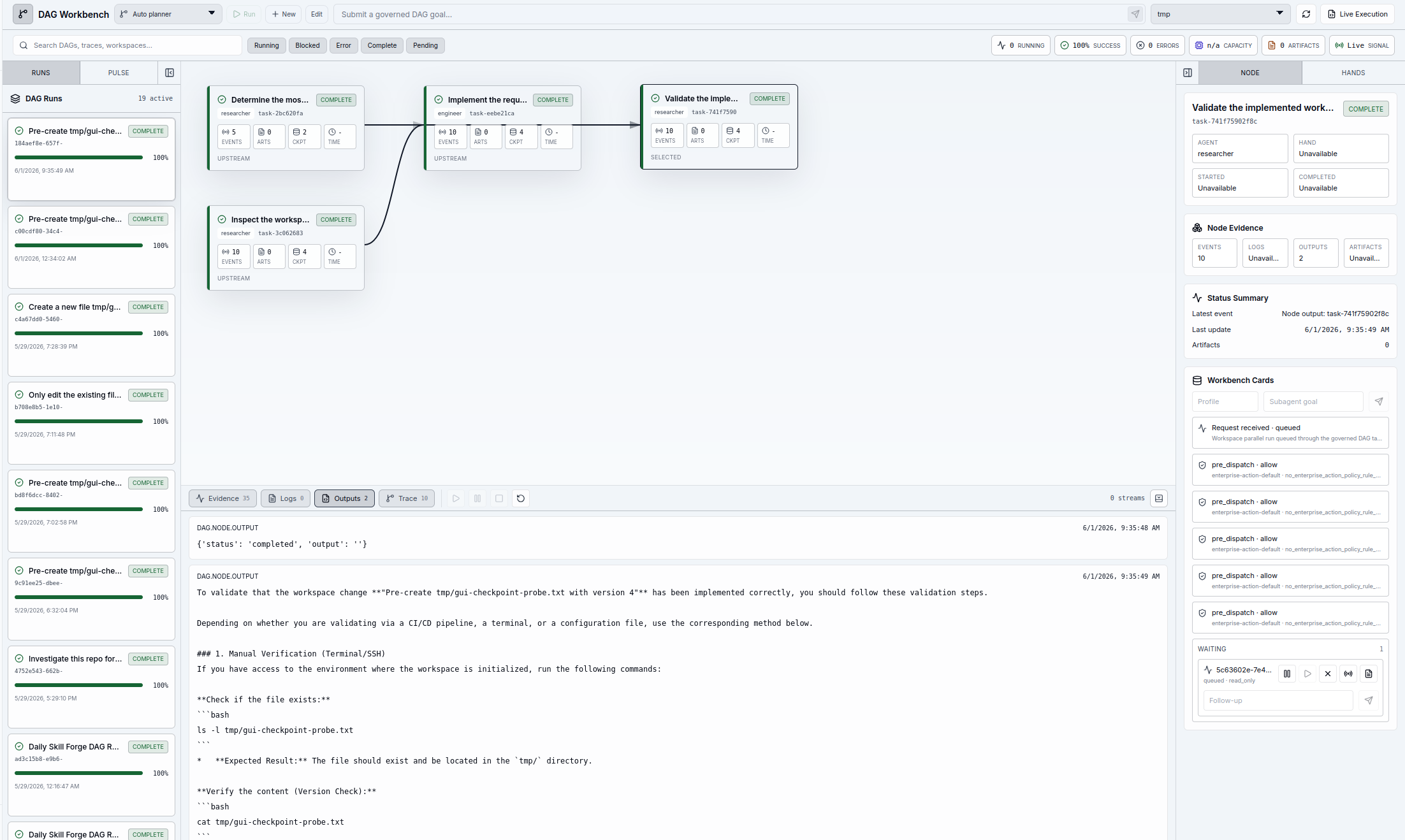 DAG Workbench graph view showing governed workflow execution and node evidence